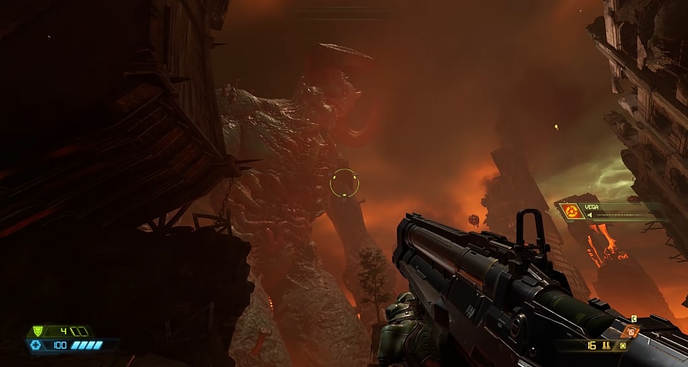 The Doomslayer steps out onto Hell on Earth, with a giant demon towering overhead via Doom Eternal (2020), Bethesda Softworks