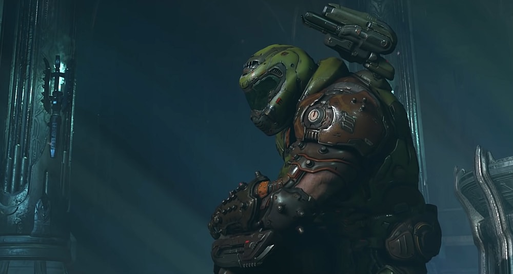 The Doomslayer kneels in respect via Doom Eternal (2020), Bethesda Softworks