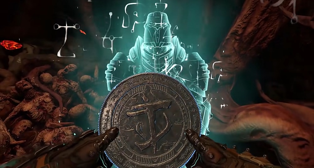 The Doomslayer is given a Praetor token by a Night Sentinel via Doom Eternal (2020), Bethesda Softworks