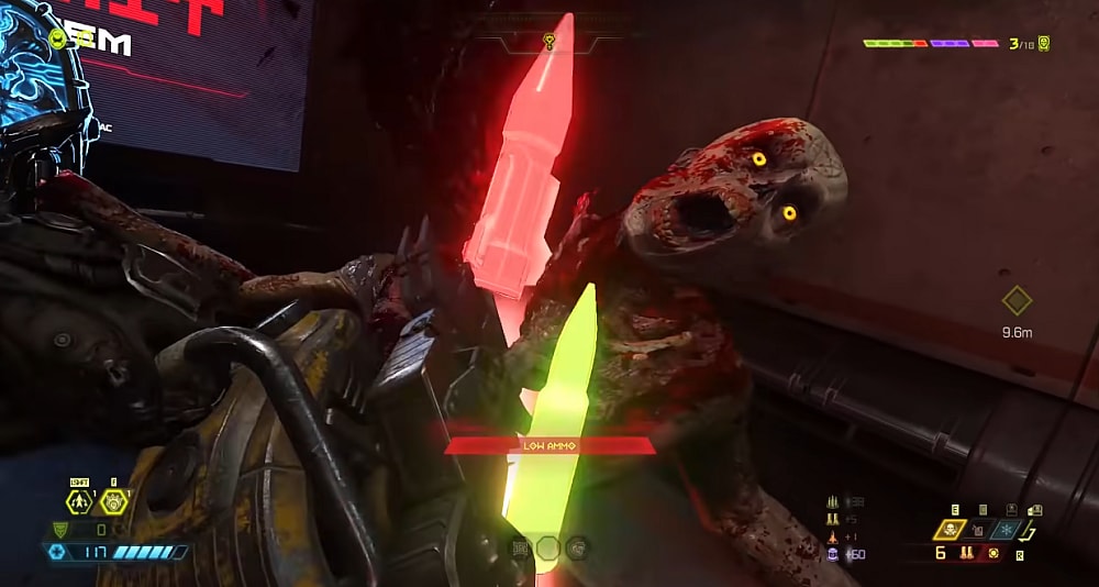 The Doomslayer cuts through a zombie with a chainsaw, making ammo and pickups spill forth via Doom Eternal (2020), Bethesda Softworks