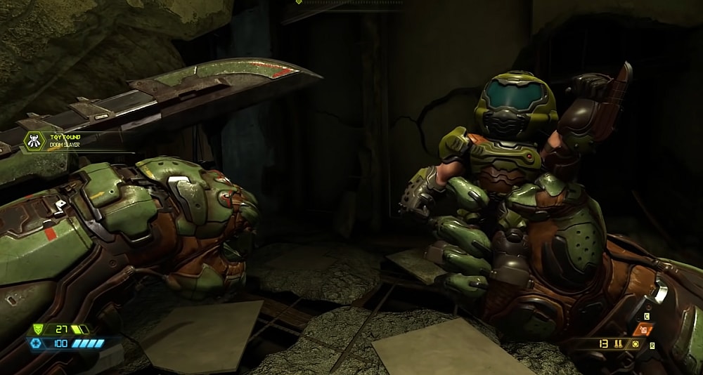 The Doomslayer finds a toy of himself via Doom Eternal (2020), Bethesda Softworks