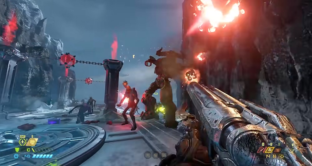 The Doomslayer faces off against a Tyrant, Revenant, and zombies, with a Super Shotgun via Doom Eternal (2020), Bethesda Softworks