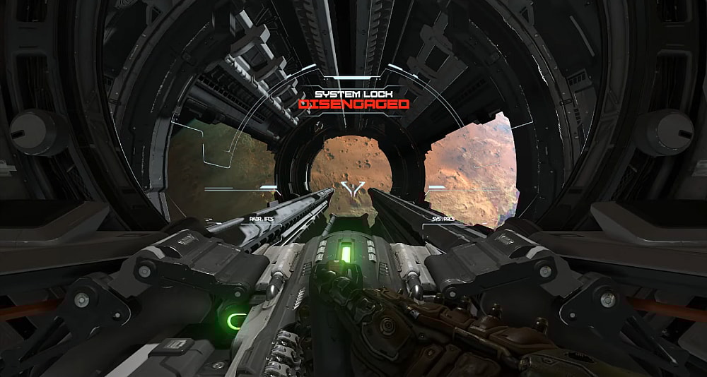 The Doomslayer about to shoot a hole in the surface of Mars with the BFG 10,000 via Doom Eternal (2020), Bethesda Softworks