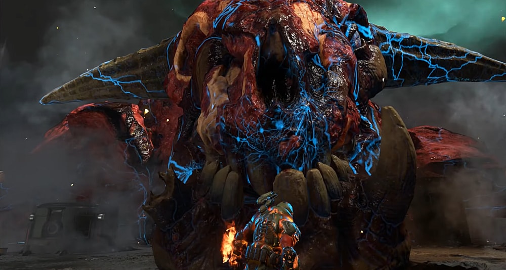 The Icon of Sin lays defeated before the Doomslayer via Doom Eternal (2020), Bethesda Softworks