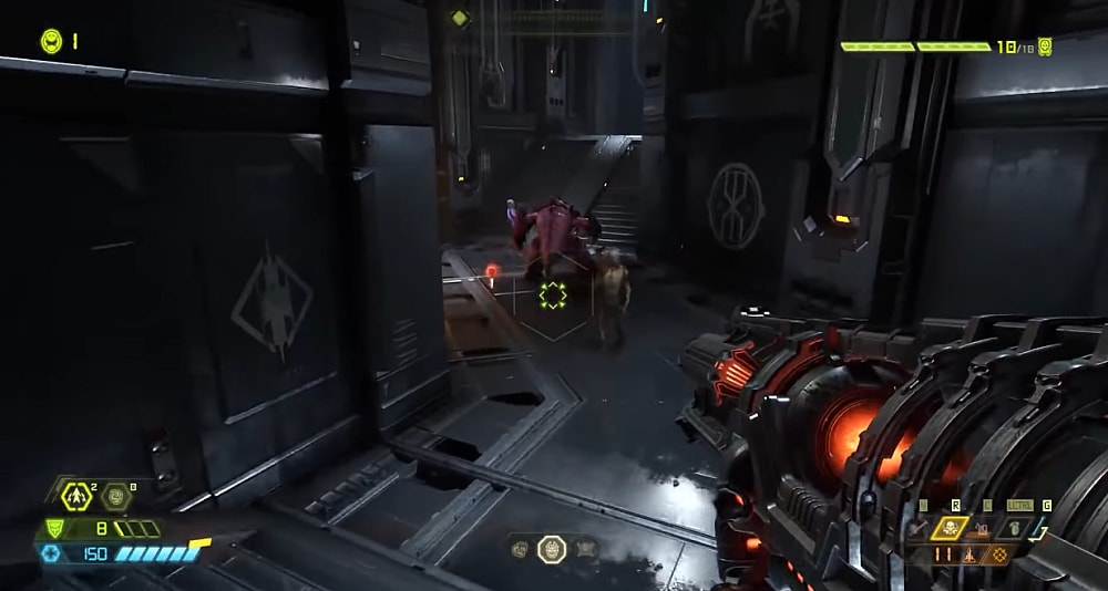 The Doomslayer sees a Pinky from behind while armed with a rocket launcher via Doom Eternal (2020), Bethesda Softworks