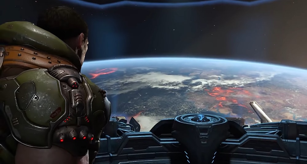 The Doomslayer looks out over hell on Earth from the Fortress of Doom via Doom Eternal (2020), Bethesda Softworks