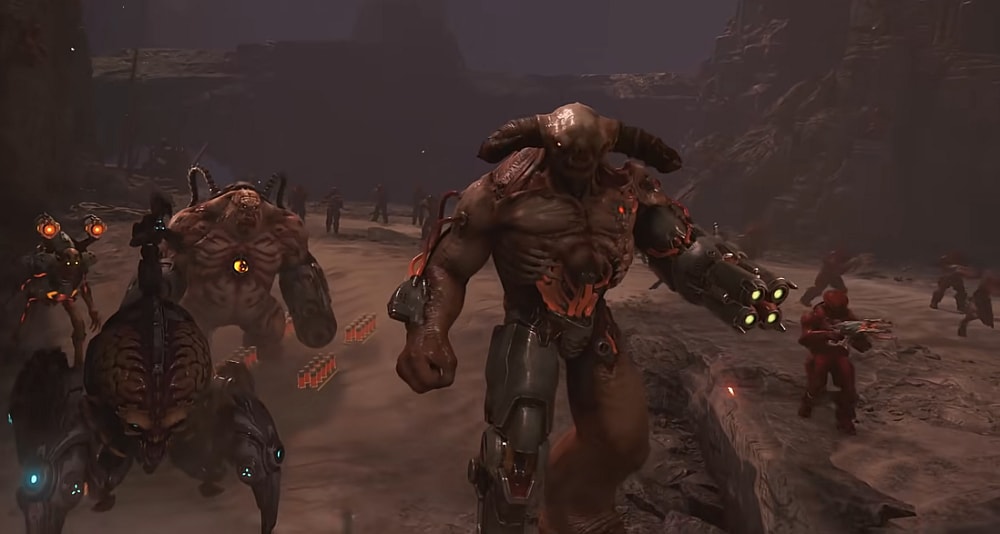 Multiple demons step forth, including a Tyrant, a Mancubus, a Revenant, an Arachnotron, and several soldiers via Doom Eternal (2020), Bethesda Softworks