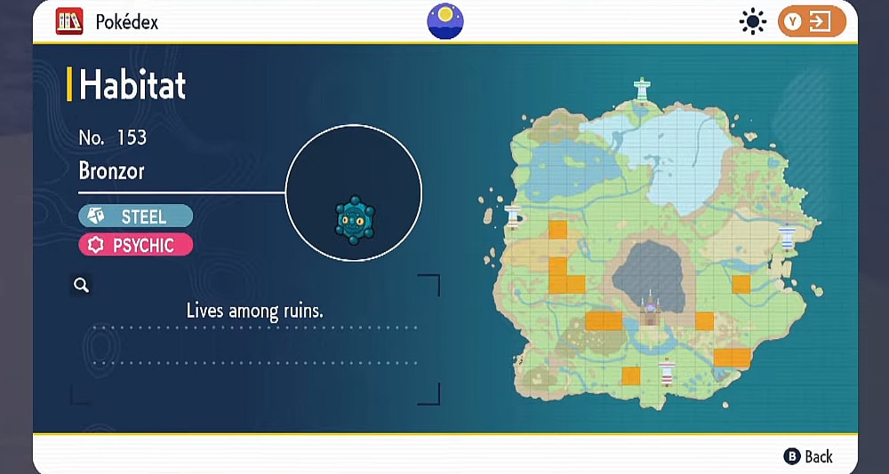The Pokédex shows the habitat of Bronzor via Pokémon Scarlet & Violet (2022), Nintendo