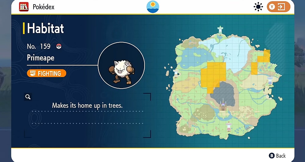 The Pokédex shows the habitat of Primeape via Pokémon Scarlet & Violet (2022), Nintendo