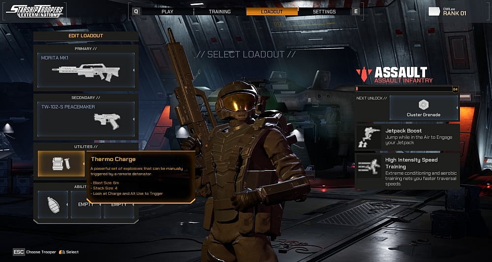 A player loadout screen in 'Starship Troopers: Extermination' (2023) Offworld Industries