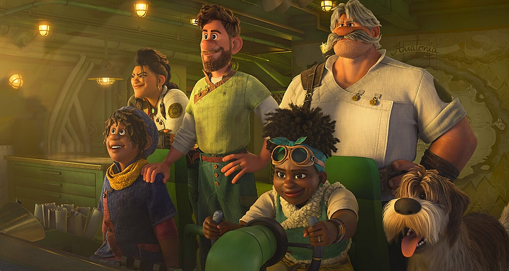 ALL ABOARD -- Walt Disney Animation Studios’ original action-adventure “Strange World” journeys deep into an uncharted and treacherous land where fantastical creatures await the legendary Clades, a family of explorers whose differences threaten to topple their latest—and by far— most crucial mission. The film features the voices of (clockwise from top left) Lucy Liu as Callisto Mal, the leader of Avalonia; Jake Gyllenhaal as farmer and father Searcher Clade; Dennis Quaid as diehard explorer and Searcher’s father, Jaegar Clade; Gabrielle Union as pilot and mother Meridian Clade; and Jaboukie Young-White as the youngest Clade, Meridian and Searcher’s son, Ethan. “Strange World” releases November 23, 2022. © 2022 Disney. All Rights Reserved.