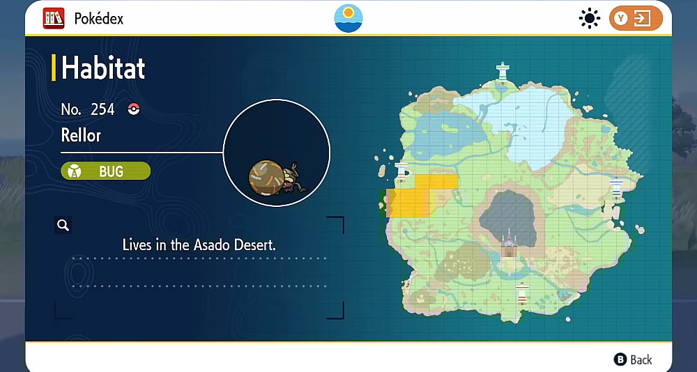 The Pokédex shows the habitat of Rellor via Pokémon Scarlet & Violet (2022), Nintendo