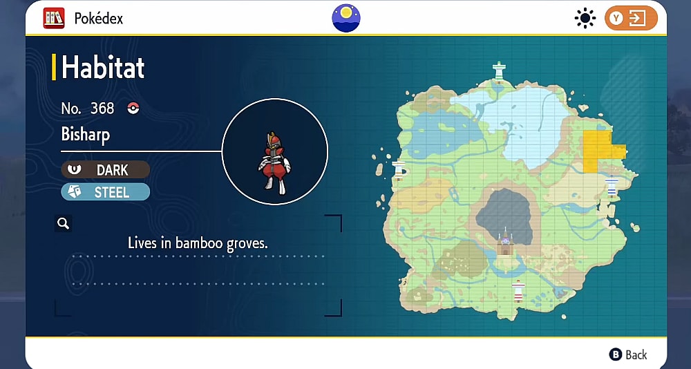 The Pokédex shows the habitat of Bisharp via Pokémon Scarlet & Violet (2022), Nintendo