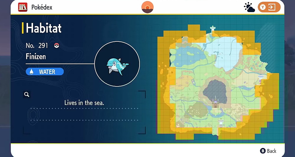 The Pokédex shows the habitat of Finizen via Pokémon Scarlet & Violet (2022), Nintendo
