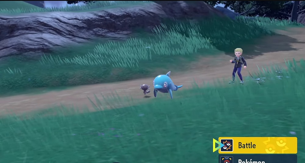 A trainer stands with their Finizen in battle while a wild Paldean Wooper strolls beside them via Pokémon Scarlet & Violet (2022), Nintendo