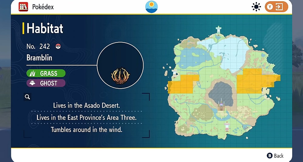 The Pokédex shows the habitat of Bramblin via Pokémon Scarlet & Violet (2022), Nintendo