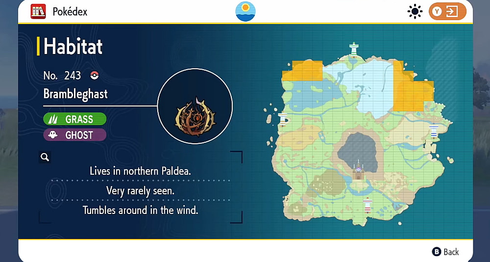 The Pokédex shows the habitat of Brambleghast via Pokémon Scarlet & Violet (2022), Nintendo