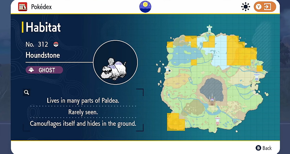 The Pokédex shows the habitat of Houndstone via Pokémon Scarlet & Violet (2022), Nintendo