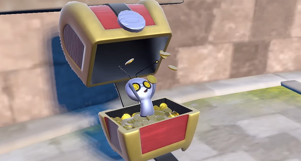 A Gimmighoul scatters coins gleefully via Pokémon Scarlet & Violet (2022), Nintendo