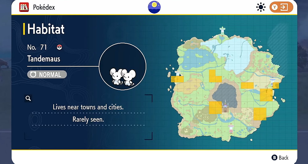 The Pokédex shows the habitat of Tandemaus via Pokémon Scarlet & Violet (2022), Nintendo