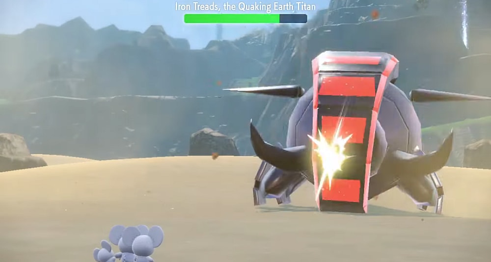 Maushold used Population Bomb on Iron Treads, the Quaking Earth Titan via Pokémon Scarlet & Violet (2022), Nintendo