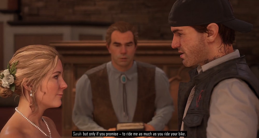 Sarah Whitaker returns Deacon St. John's Mongrels ring at their wedding, asking him to promise to "ride me as much as you ride your bike" via Days Gone (2019), Sony Interactive Entertainment