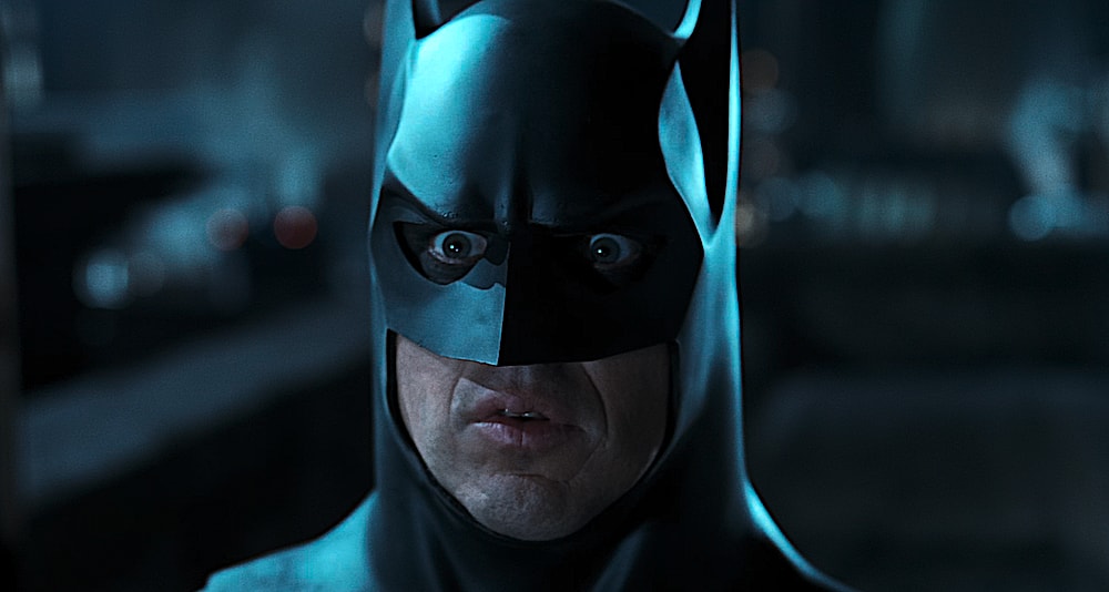 Batman (Michael Keaton) is taken by surprise by Catwoman (Michelle Pfeiffer) in Batman Returns (1992), Warner Bros. Pictures