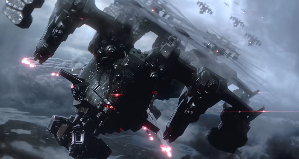 A fleet of helicopters fly, the leader launching flak in its wake via Armored Core VI: Fires of Rubicon (2023), Bandai Namco Entertainment