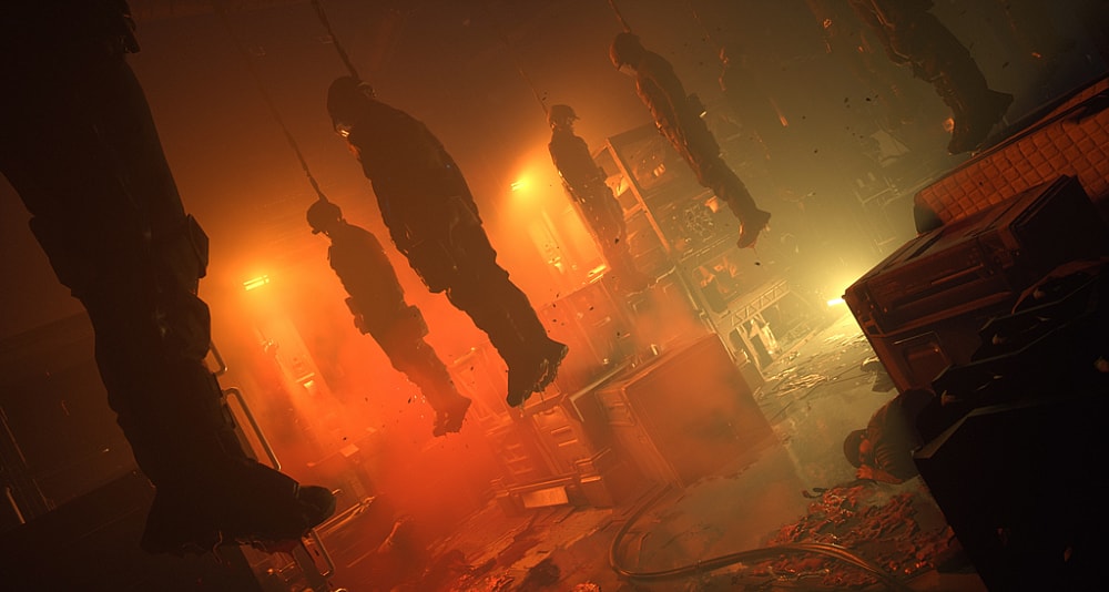 The corpses of Black Iron Prison guards hang from fleshy tendrils via The Callisto Protocol (2022), Krafton