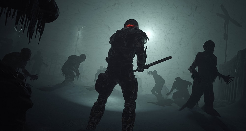 Jacob Lee walks though a snowstorm and frozen Grunt Biophage via The Callisto Protocol (2022), Krafton