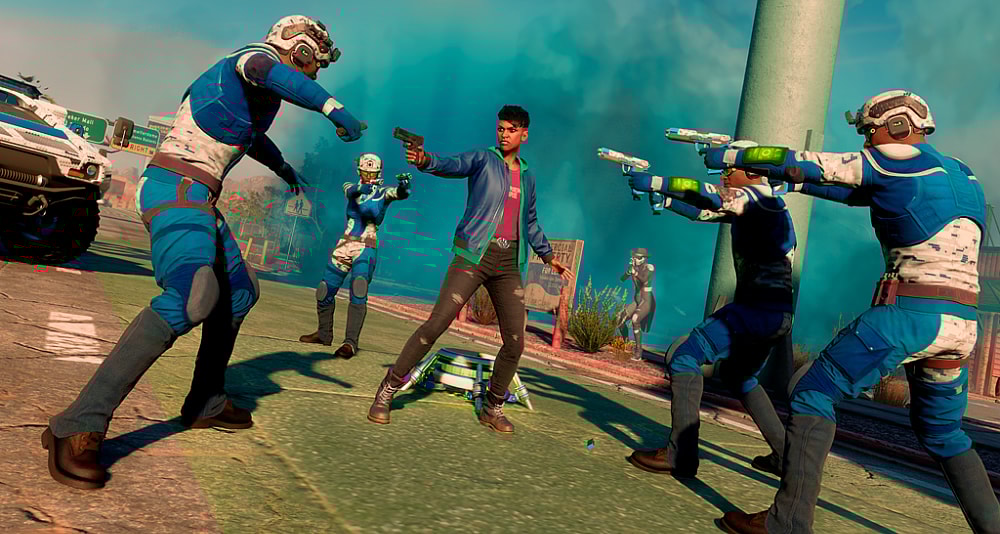 The Boss is surrounded by cops at gunpoint, along with a lone and strangely dressed gunman via Saints Row (2022), Deep Silver