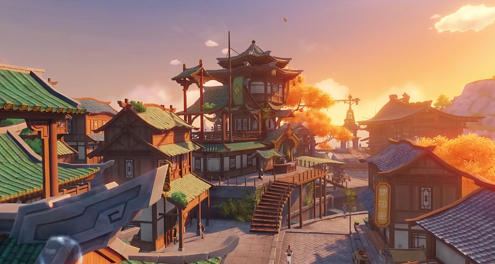 The sun sets over Liyue Harbor Sunset via Genshin Impact (2020), miHoYo