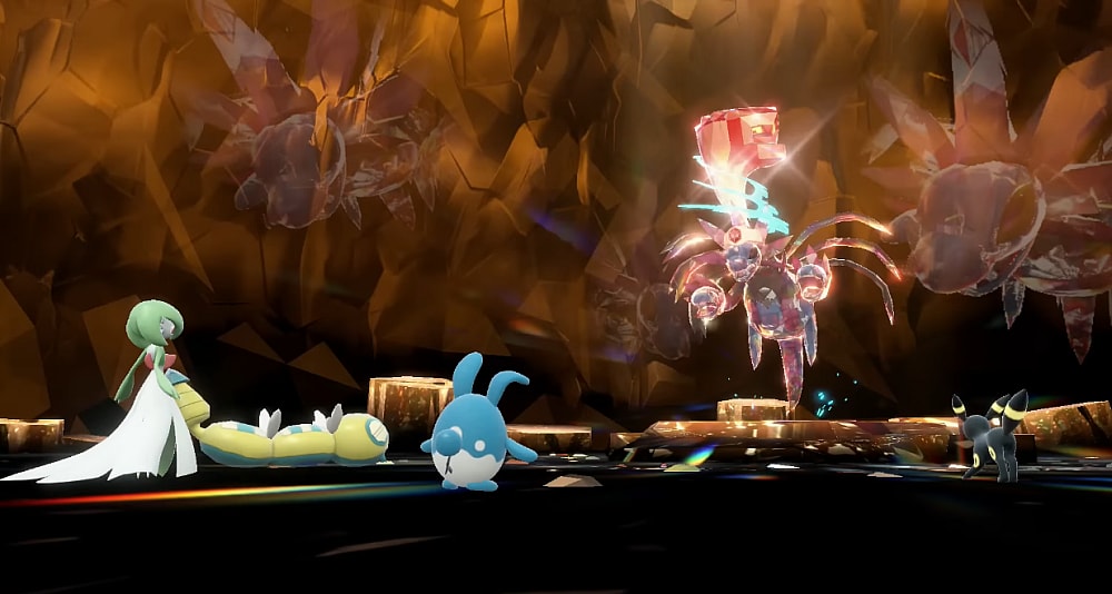 A Dudunsparce, Gardevoir, Azumarill, and Umbreon face off against a Hydreigon in a Tera Raid Battle. The Hydreigon has Terrastallized into a Fighting Tera-Type via via Pokémon Scarlet & Violet (2022), Nintendo