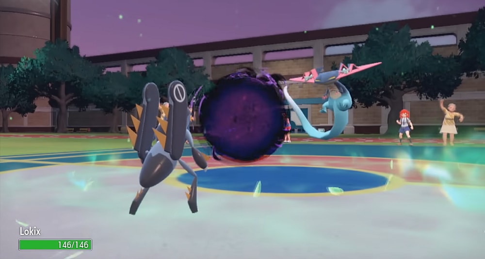 An online player battle sees Dragapult launch Shadow Ball against Lokix. The field is covered in Grassy Terrain via Pokémon Scarlet & Violet (2022), Nintendo