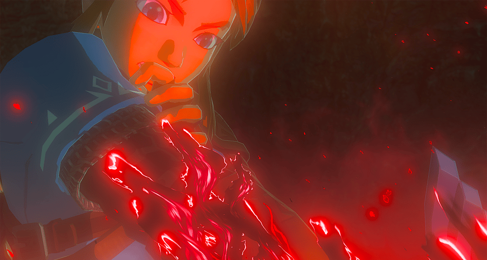 Link looks horrified as his arm is engulfed by dark and eldritch energy via The Legend of Zelda: Tears of the Kingdom (2023), Nintendo