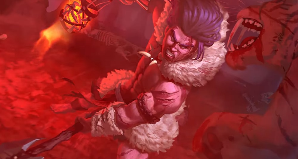 A barbarian fends off a sabertooth-tiger via Pathfinder Quest For Frozen Flame Adventure Path Trailer