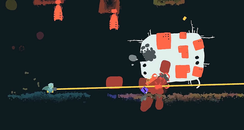 A player battles a giant monster in 'GoNNER' (2016), Art in Heart