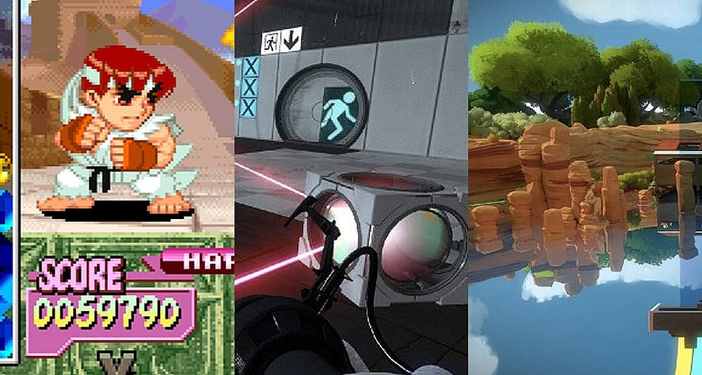 Split image of Super Puzzle Fighter II Turbo, Portal 2 and The Witness