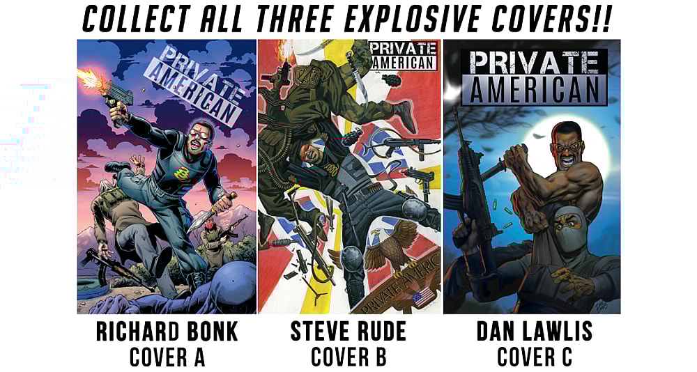 Three variants of 'Private American' graphic novel cover.