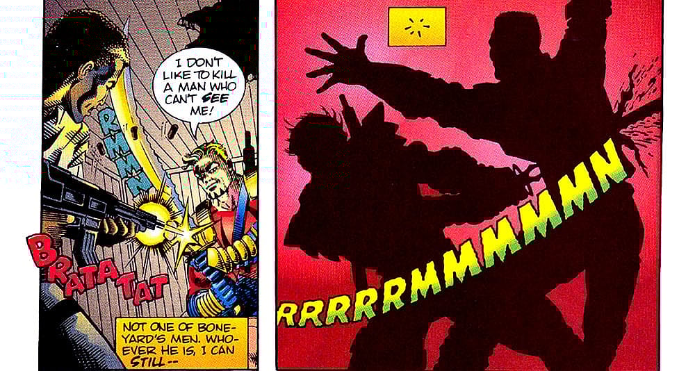 Warstrike kills Lukasz in 'Mantra, Issue #1," from Malibu Comics