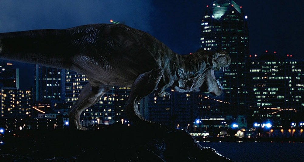 A T-Rex hits the mainland in 'The Lost World: Jurassic Park' (1997), Universal Pictures