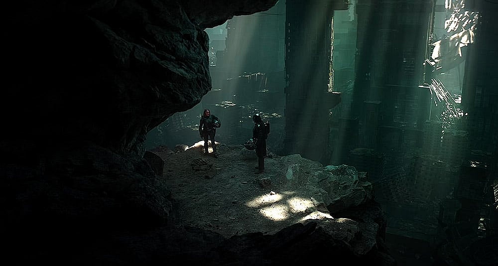 Bo-Katan and Din Djarin in the ruins of Mandalore in 'The Mandalorian' (2023), Disney+