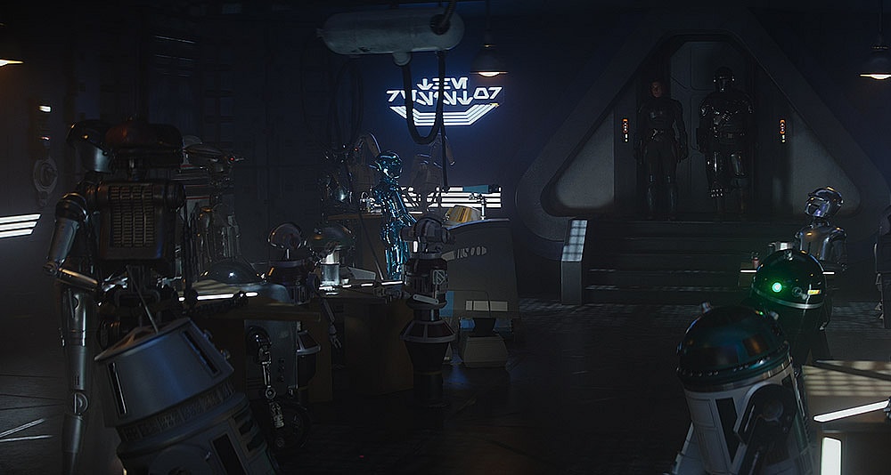 Bo-Katan and Djarin visit a Droid bar in 'The Mandalorian' (2023), Disney+
