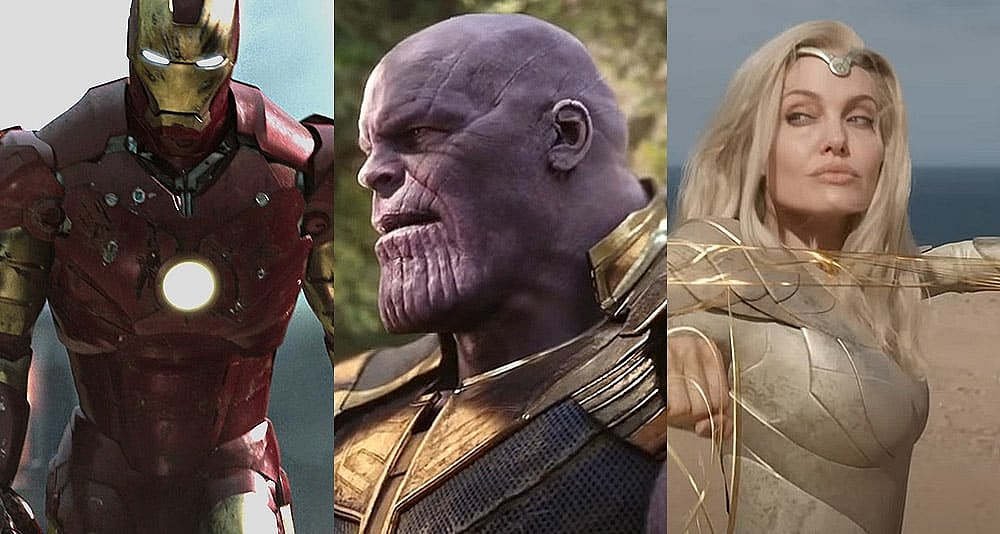 A collage of scenes from 'Iron Man,' 'Avengers: Infinity War' and 'Eternals,' Disney+