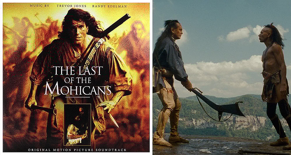 The soundtrack for 'Last of the Mohicans' (1992), and Chingachgook battling Magua in the final scene of the Warner Bros. movie