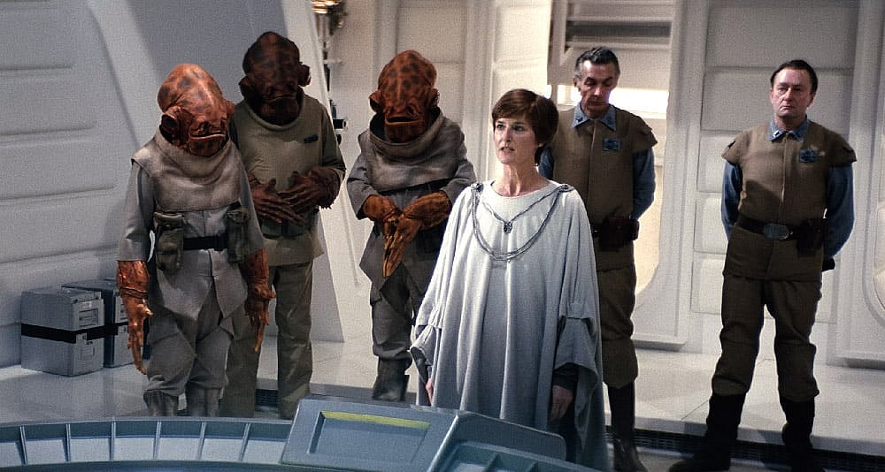 Mon Mothma addresses the Rebellion before the Battle of Endor in 'Star Wars: Return of the Jedi' (1983), Disney+