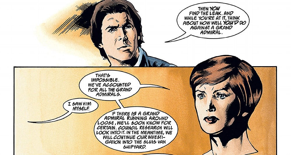Mon Mothma learns of Grand Admiral Thrawn's existence in the Dark Horse Comics adaptation of 'Star Wars: Dark Force Rising,' Marvel
