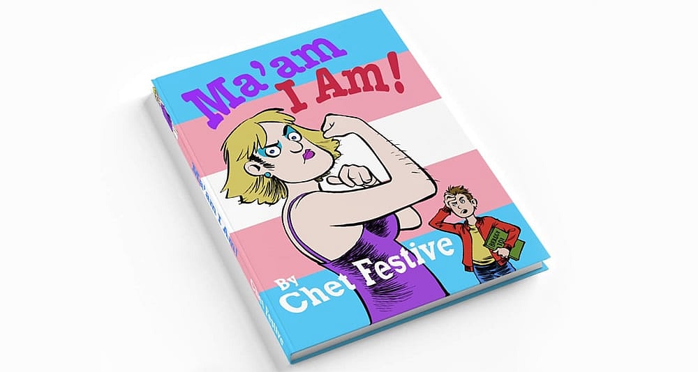 A man dressed as a woman flexes his bicep on the cover of a humorous book.