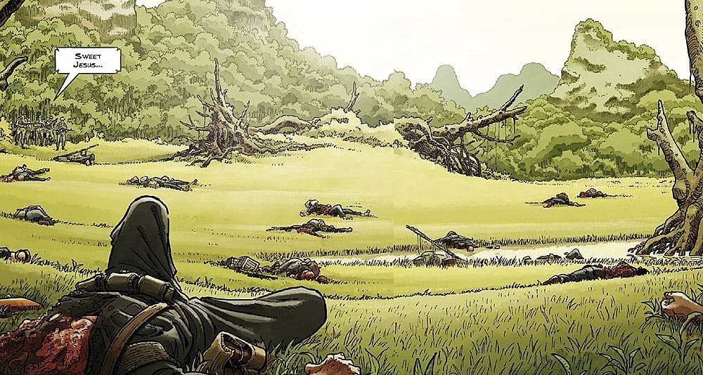 Soldiers discover a field of corpses in 'Latah' (2023), Europe Comics
