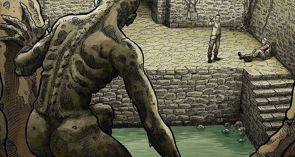 A monster approaches Neil and Darnell in 'Latah' (2023), Europe Comics